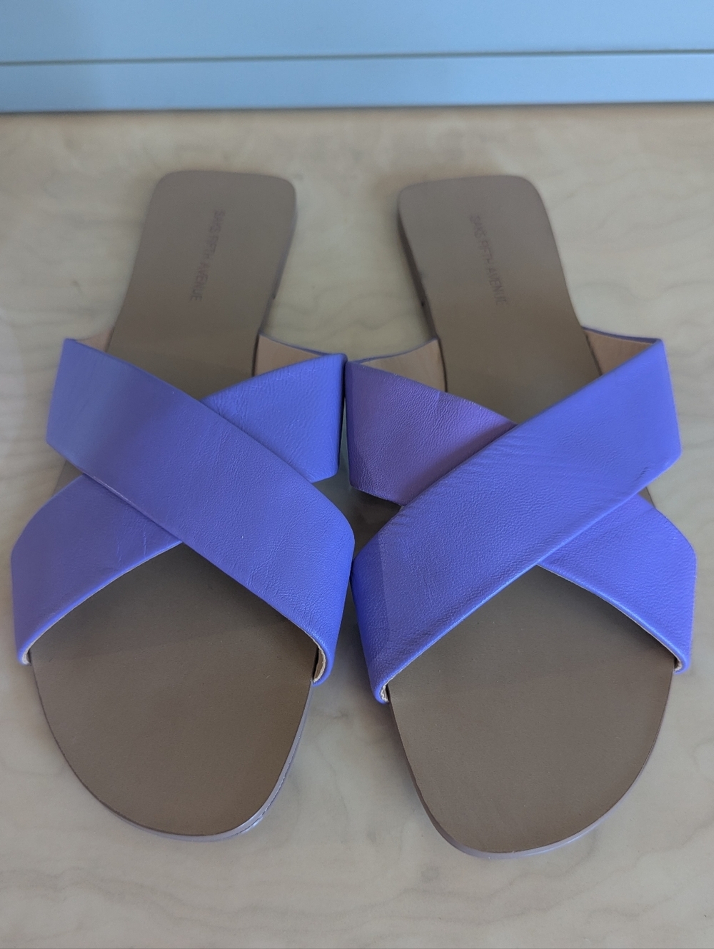 Saks Fifth Avenue Lavender Cross-Strap Slide Sandals